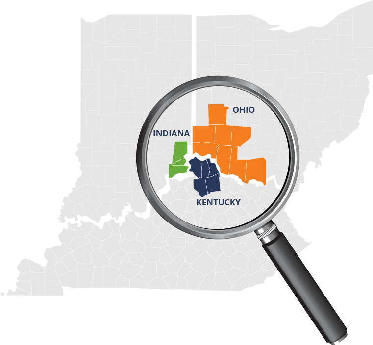 A map of Indiana, Ohio, and Kentucky with a magnifying class highlighting the counties where WIN is having an impact..