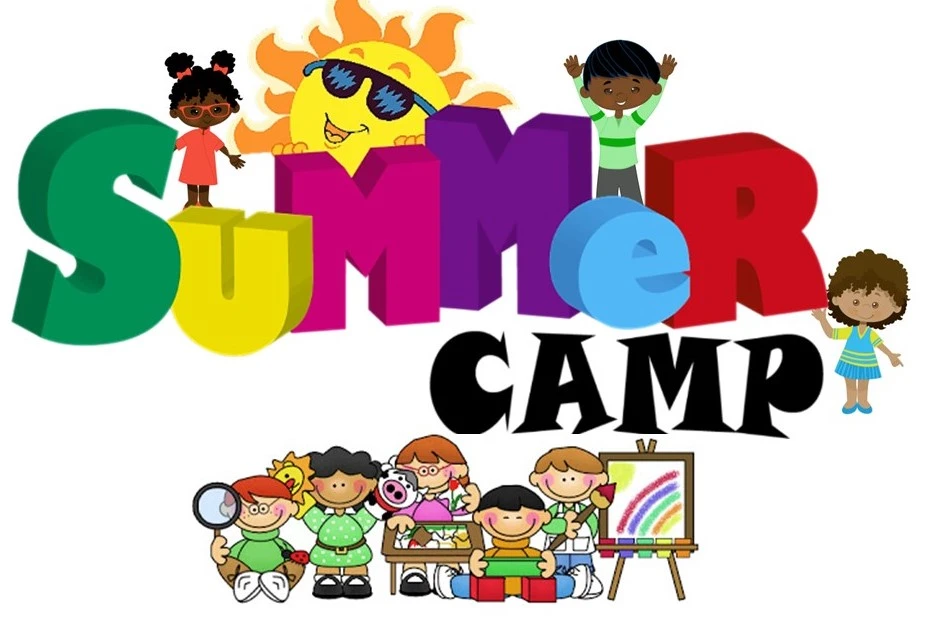 A graphic for WIN's Summer Camp, with groups of kids having fun together.