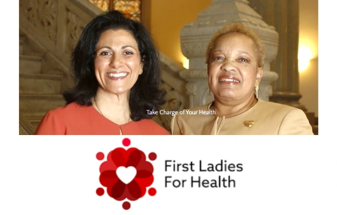 Dena Cranley and Barbara Lynch, founders of First Ladies For Health. The logo for First Ladies For Health.