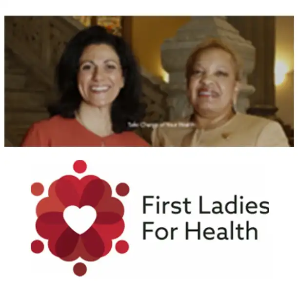 Barbara Lynch and Dena Cranley smiling. The logo for First Ladies For Health at the bottom.
