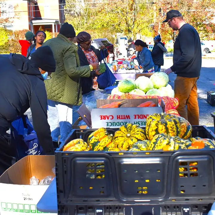 At the Beekman Community Market, people line up to buy fresh, local produce. There are piles of cabbages, gourds, and other vegetables.