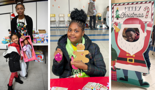 Three images laid out left to right of children participating in this holiday tradition. In the first a young girl poses with her new doll and one of Santa's Workshop's volunteers. In the second, a girl shows off her crafts. In the third, a boy poses as Santa Claus behind a cutout.