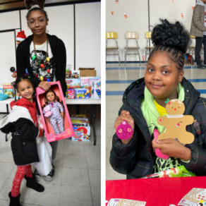 Three images laid out left to right of children participating in this holiday tradition. In the first a young girl poses with her new doll and one of Santa's Workshop's volunteers. In the second, a girl shows off her crafts. In the third, a boy poses as Santa Claus behind a cutout.