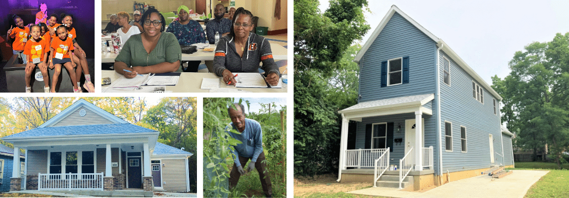 A collage of five houses built or rehabbed by WIN, representing WIN's efforts to create sustainable, thriving communities through homeownership programs, financial literacy training, and community leadership development. 