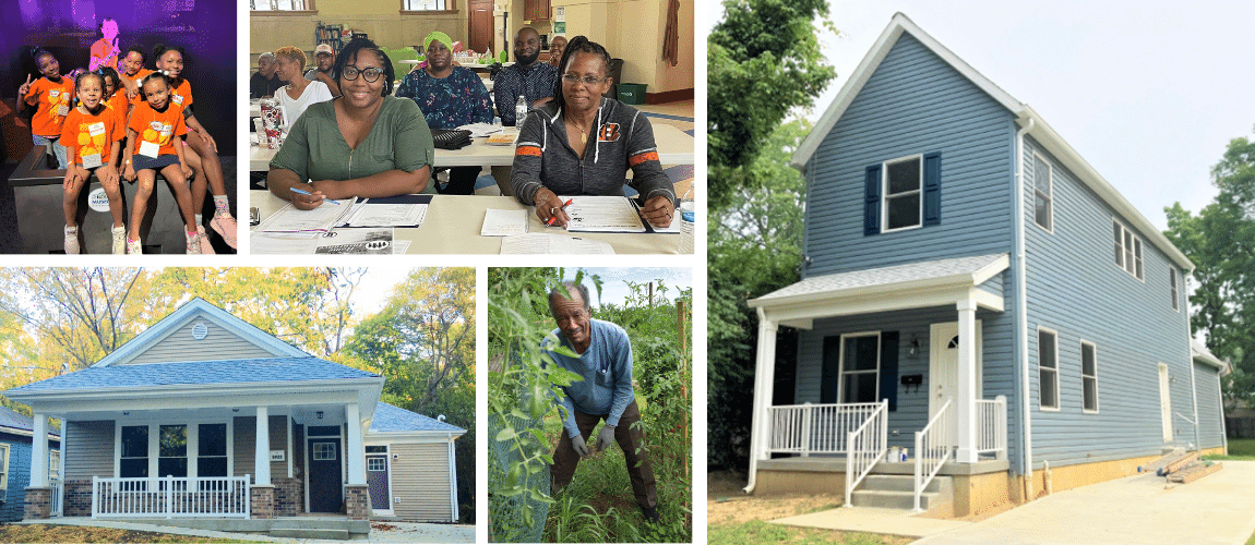 A collage of houses built or rehabbed by Working In Neighborhoods, representing efforts to create sustainable, thriving communities through homeownership programs, financial literacy training, and community leadership development. 