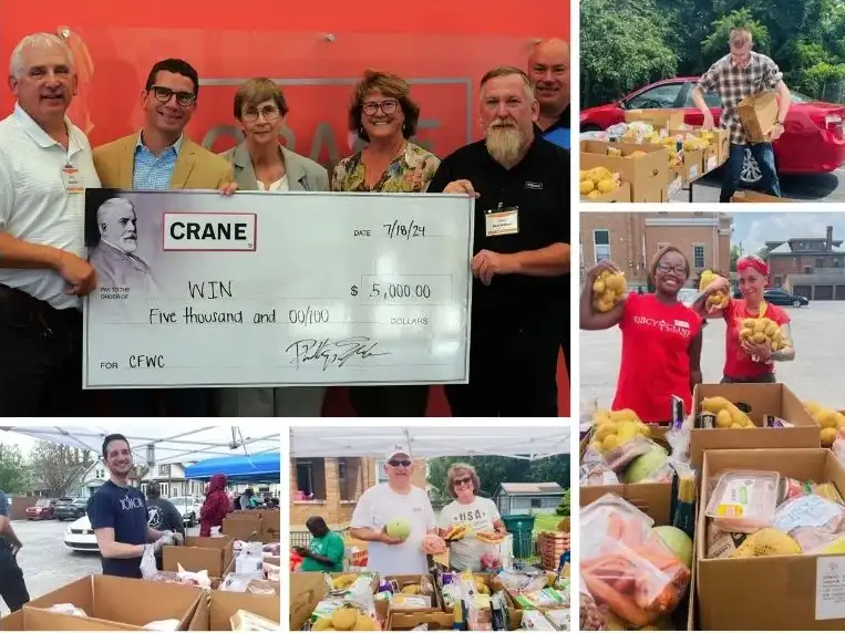 A collection of pictures featuring Crane employees volunteering at WIN's Produce Pop -Up and S. Barbara Busch receiving a $5,000 check on behalf of Working In Neighborhoods.