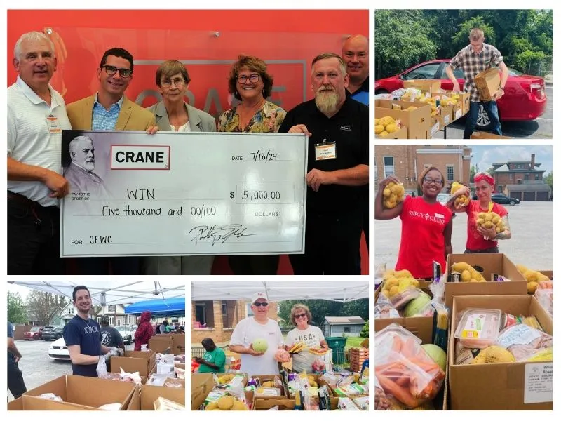 A collection of pictures featuring Crane employees volunteering at WIN's Produce Pop -Up and S. Barbara Busch receiving a $5,000 check on behalf of Working In Neighborhoods.