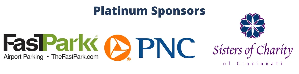 Logos of WIN's 45th Anniversary Platinum Sponsors: Airport FastPark, PNC Bank, and the Sisters of Charity of Cincinnati.