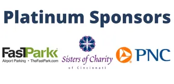 Logos of WIN's 45th Anniversary Platinum Sponsors: Airport FastPark, PNC Bank, and the Sisters of Charity of Cincinnati.