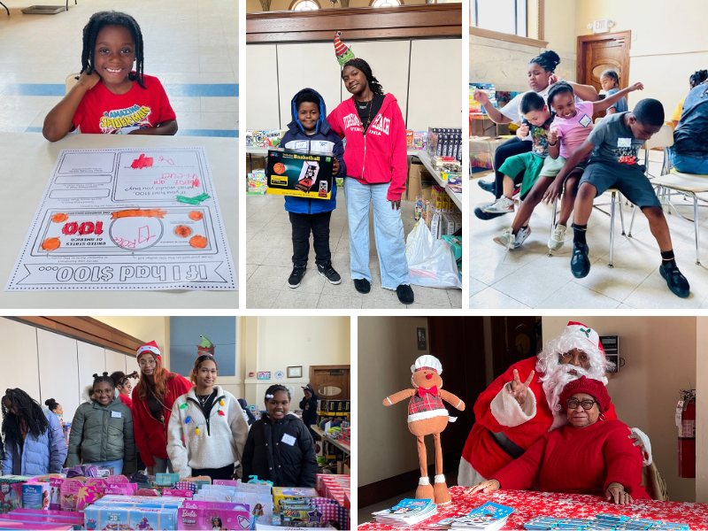 A collage of five pictures of WIN's Youth Program. Two are from WIN's 2024 Summer Camp and three are from the 2024 Santa's Workshop.