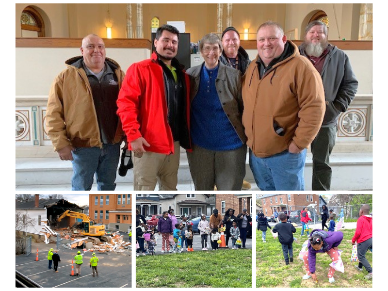 A collage of four photos. The first is five men from Jurgensen Company with S Barb. The second is a photo mid-demolition of a building on WIN's campus. The last two are from WIN's Easter Egg Hunt, now possible thanks to the demolition.