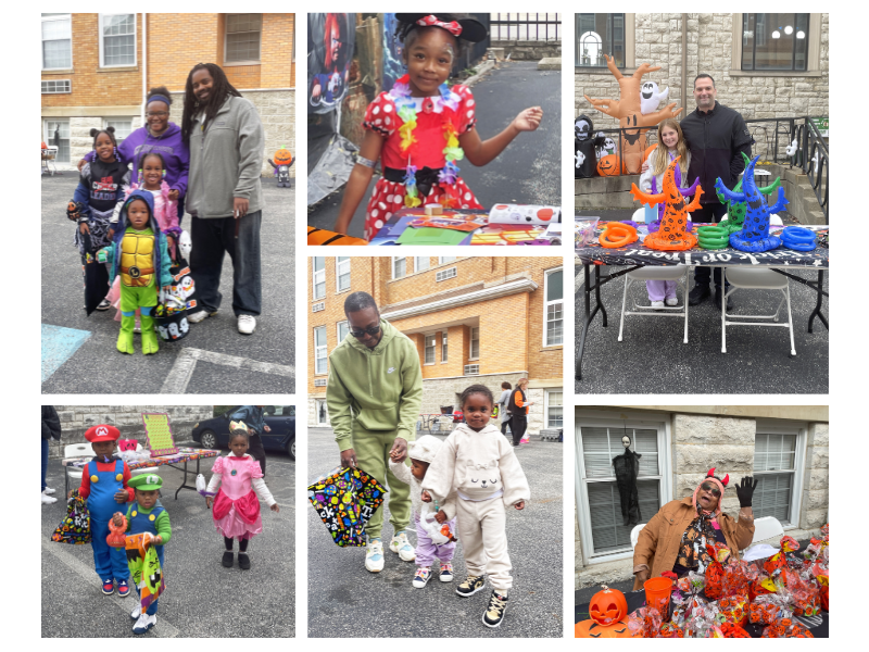 A collage of pictures of kids and volunteers at 2025 Boo Bash.