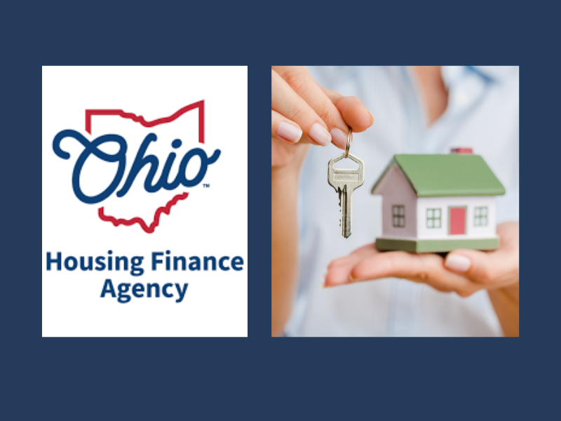 OHFA logo and an image of a woman holding the keys to her house.