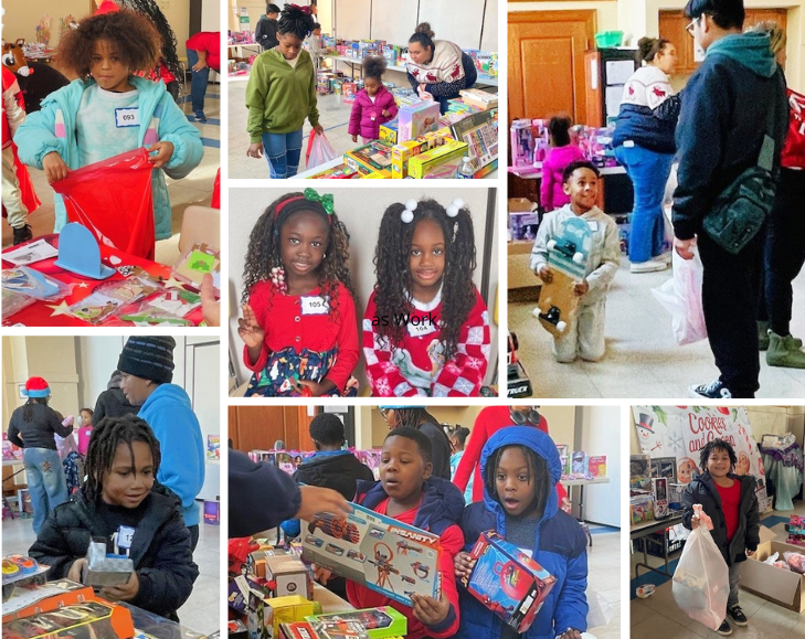 A collage of seven photos of kids enjoying their experience at Santa's Workshop.