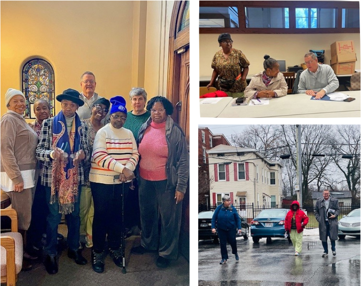 Three pictures of the Beekman Corridor Coalition Housing Team with Mike Odioso on a tour of the Corridor.