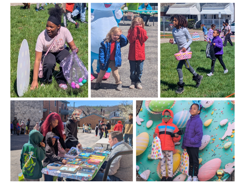 A collage of five photos from the Easter Hop Up Egg Hunt.