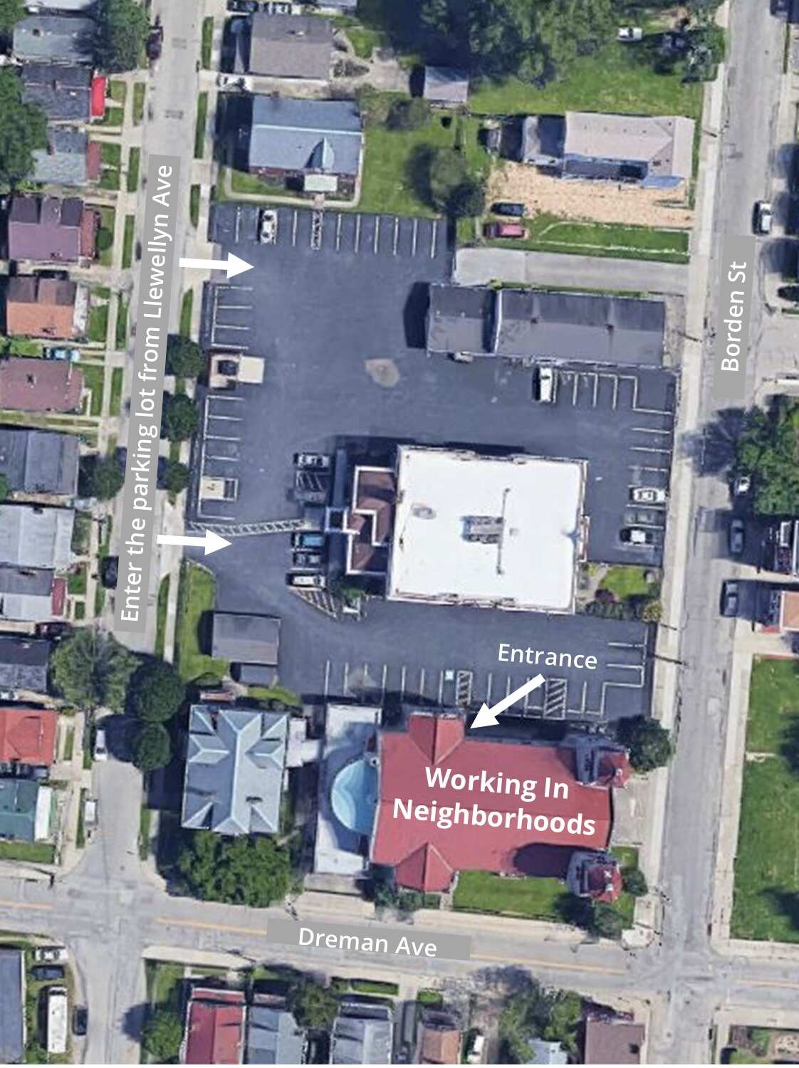 Aerial map of Working In Neighborhoods' campus.